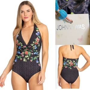 $175 NEW 1X JOHNNY WAS FLORAL HALTER ONE PIECE GRAY BLACK LILY PLUS SWIMSUIT NWT